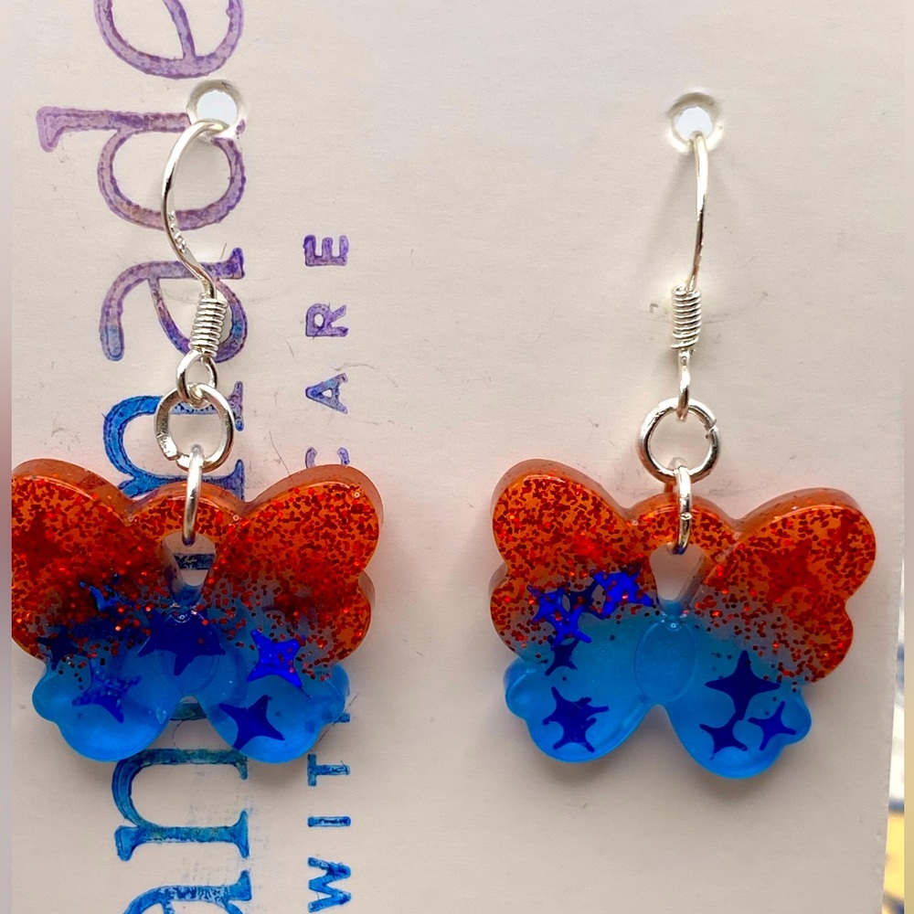 Handmade Red and Blue Star Glitter Butterfly Sterling Silver Earrings